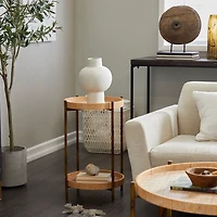 Round Brown Rattan 2-Tier Side Table