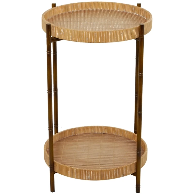 Round Brown Rattan 2-Tier Side Table
