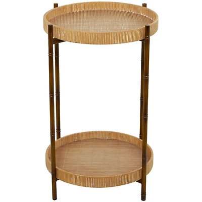 Round Brown Rattan 2-Tier Side Table