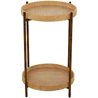 Round Brown Rattan 2-Tier Side Table