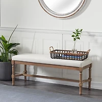 Brown Wood Upholstered Burlap Seat Bench