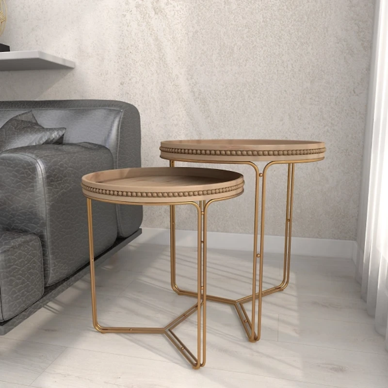 Brown Wood Beaded Nesting Side Tables, Set of 2