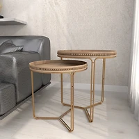 Brown Wood Beaded Nesting Side Tables, Set of 2