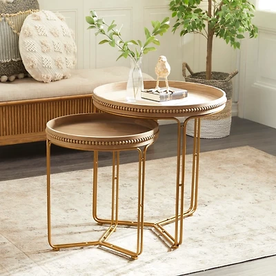 Brown Wood Beaded Nesting Side Tables, Set of 2
