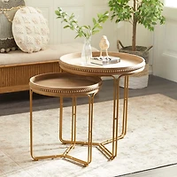 Brown Wood Beaded Nesting Side Tables, Set of 2