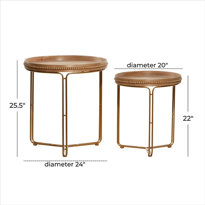 Brown Wood Beaded Nesting Side Tables, Set of 2