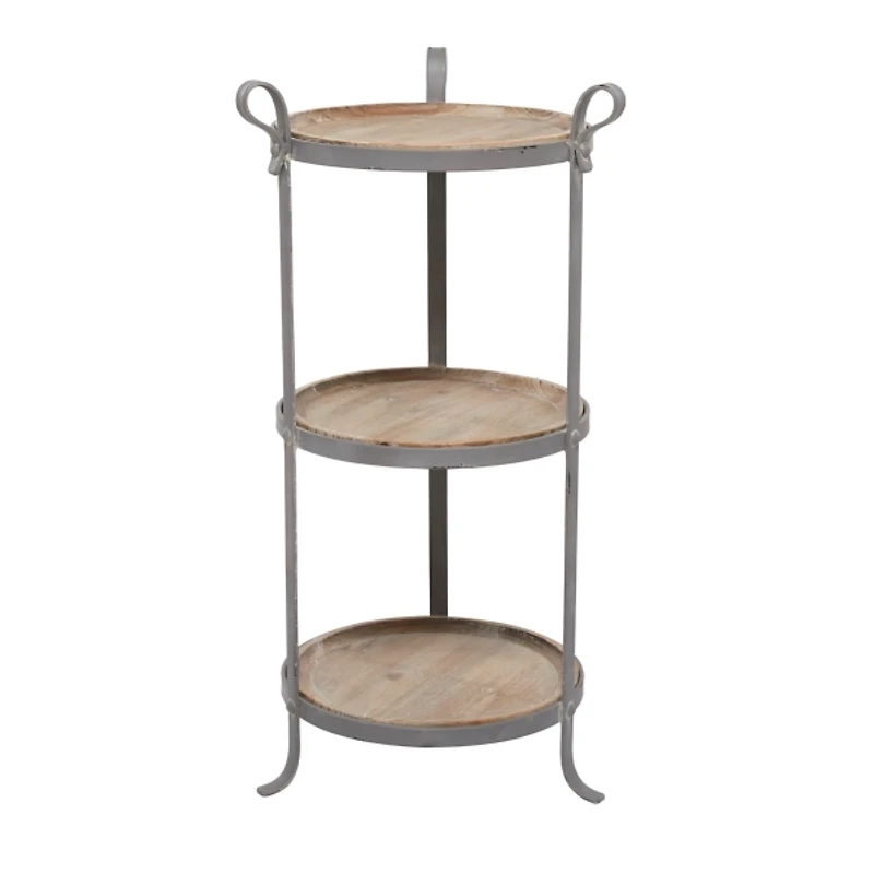 Brown Wood and Gray Metal 3-Tier Side Table