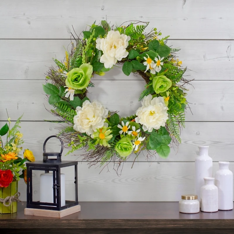 White and Green Mixed Floral Spring Wreath