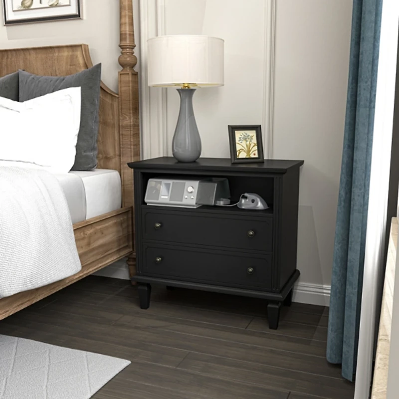 Smooth Black 2-Drawer Wood Nightstand