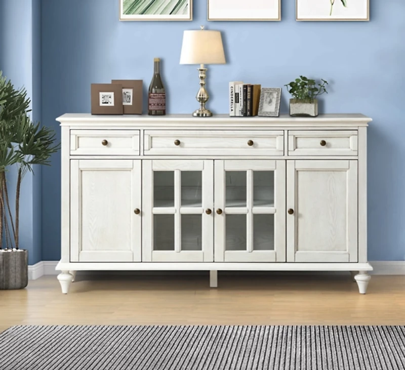 White Wood Glass Door Sideboard Cabinet