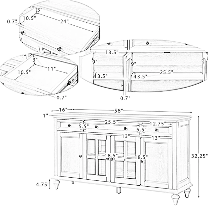 White Wood Glass Door Sideboard Cabinet