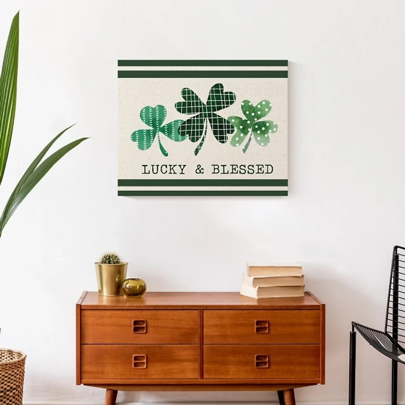 Lucky & Blessed Clover Trio Canvas Art Print