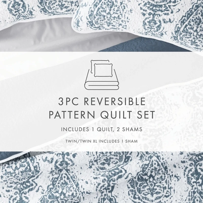Damask Reversible 3-pc. Queen Quilt Set