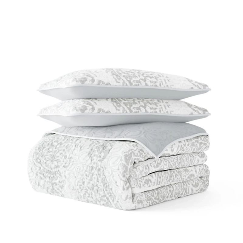 Gray Damask Reversible 3-pc. Queen Quilt Set