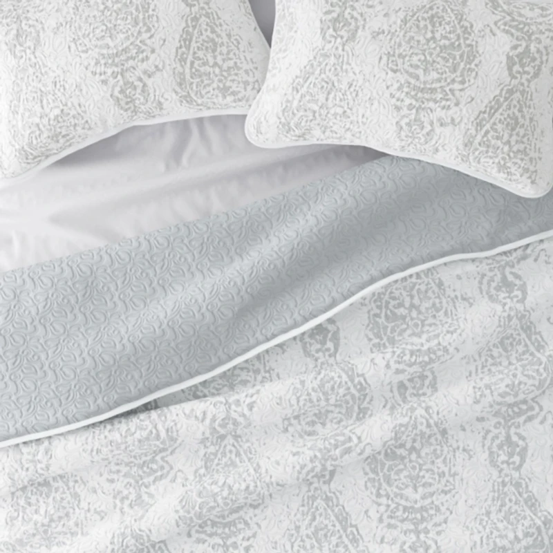 Gray Damask Reversible 3-pc. Queen Quilt Set