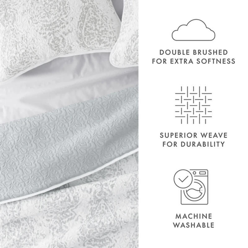 Gray Damask Reversible 3-pc. Queen Quilt Set