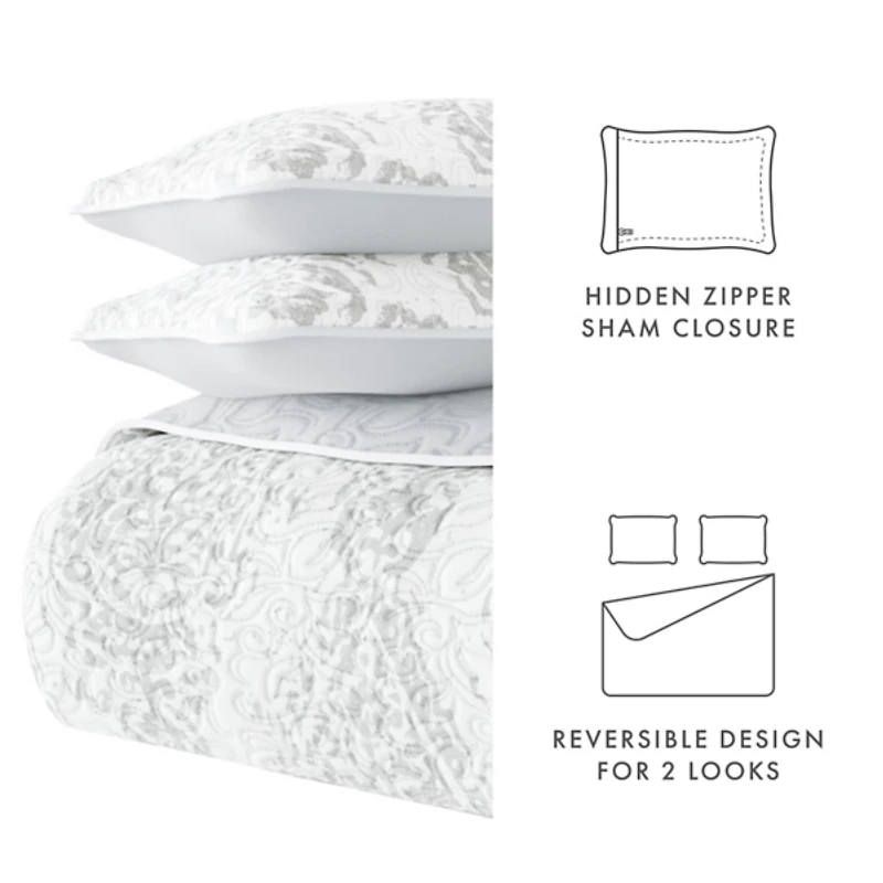 Gray Damask Reversible 3-pc. Queen Quilt Set
