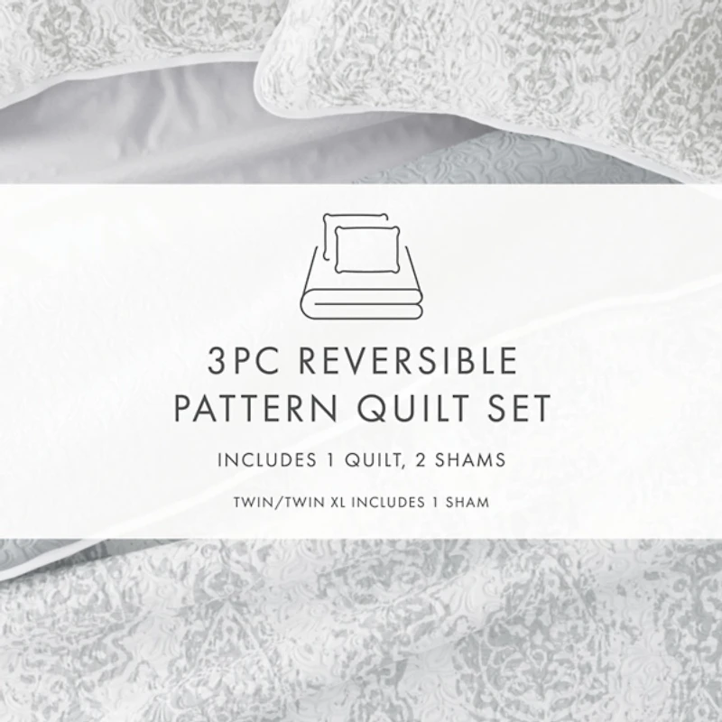 Gray Damask Reversible 3-pc. Queen Quilt Set