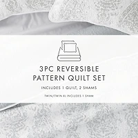Gray Damask Reversible 3-pc. Queen Quilt Set