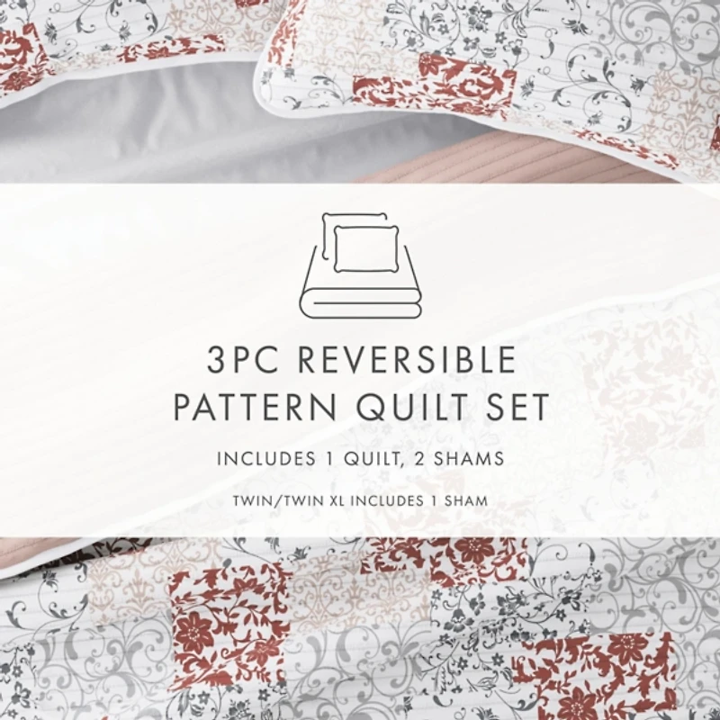 Blush Patchwork Reversible 3-pc. King Quilt Set