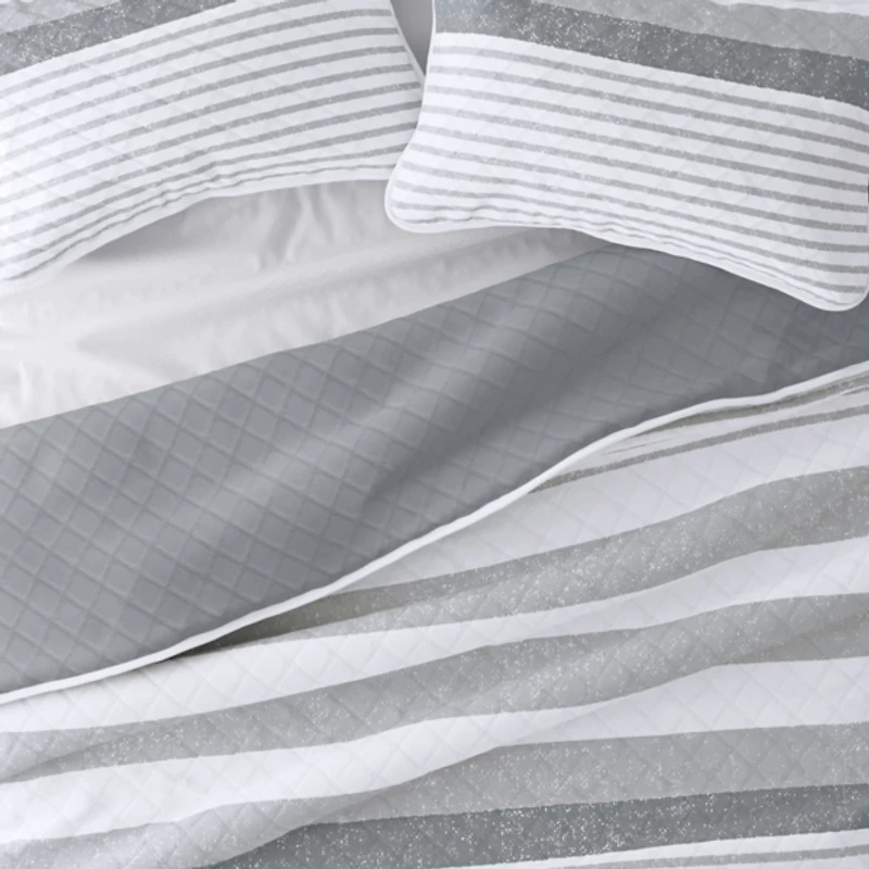 Gray Striped Reversible 3-pc. King Quilt Set