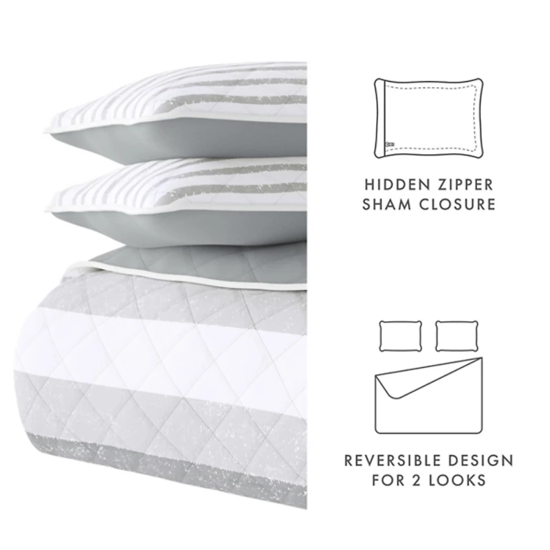 Gray Striped Reversible 3-pc. King Quilt Set