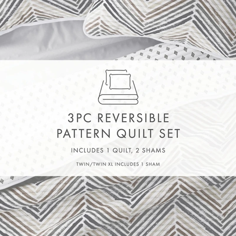 Gray Chevron Reversible 3-pc. King Quilt Set