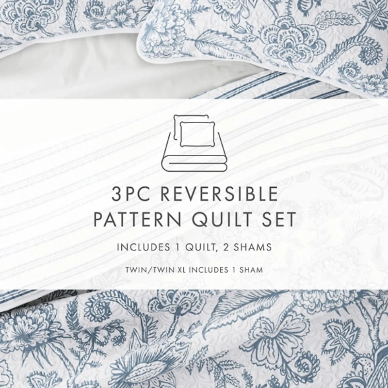 Blue Jacobean Reversible 3-pc. Queen Quilt Set