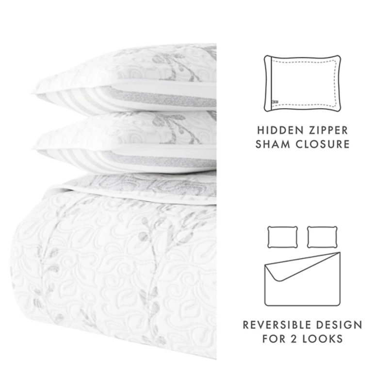 Gray Vines Reversible 3-pc. Queen Quilt Set