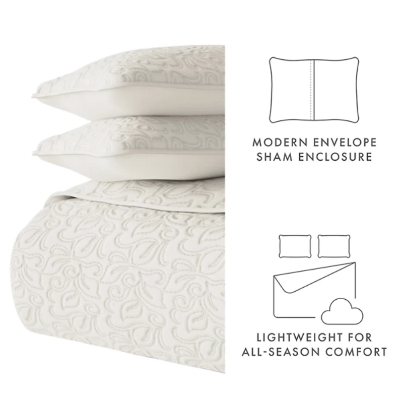 Natural Stitched Floral 3-pc. King Quilt Set