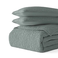 Green Stitched Floral 3-pc. King Quilt Set