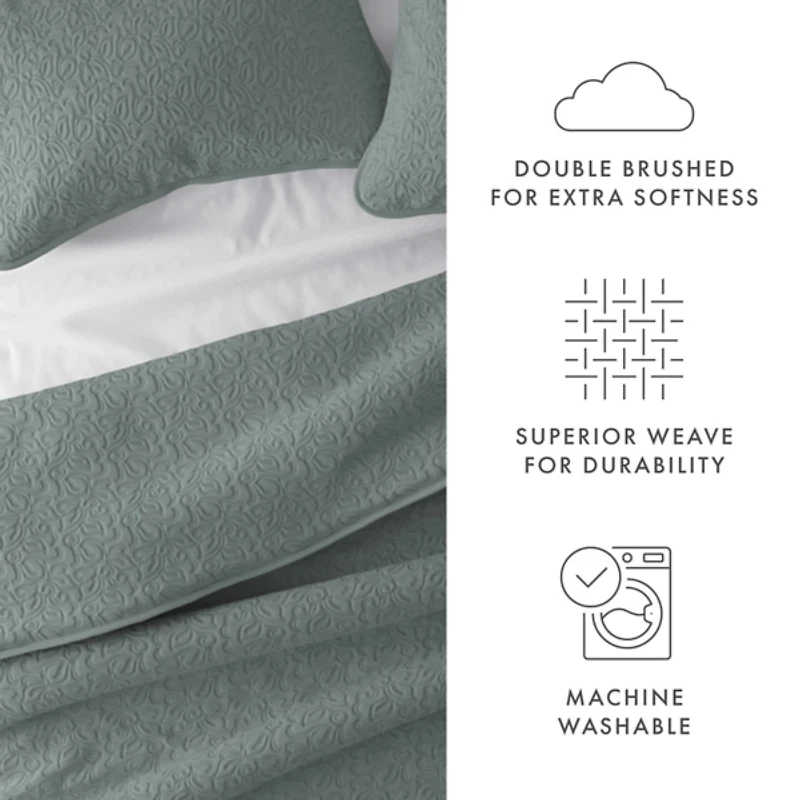 Green Stitched Floral 3-pc. King Quilt Set