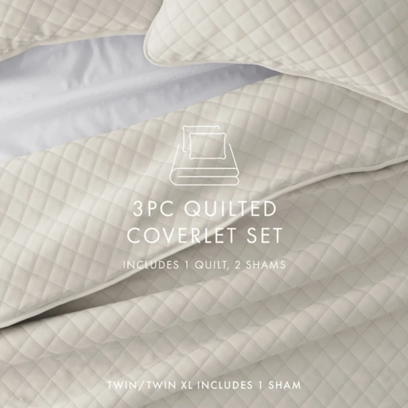 Natural Stitched Diamond 3-pc. Queen Quilt Set