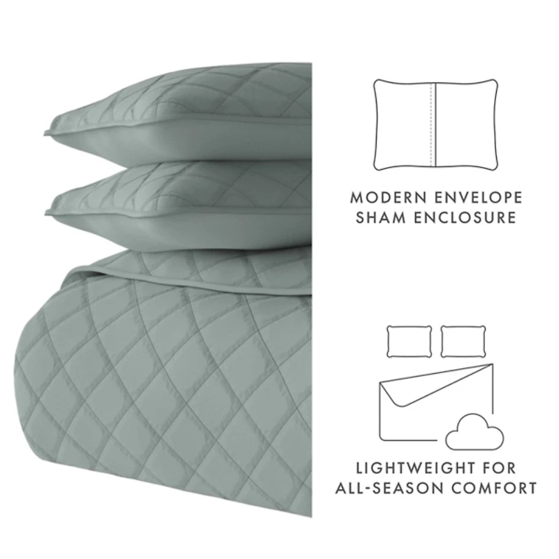 Green Stitched Diamond 3-pc. Queen Quilt Set