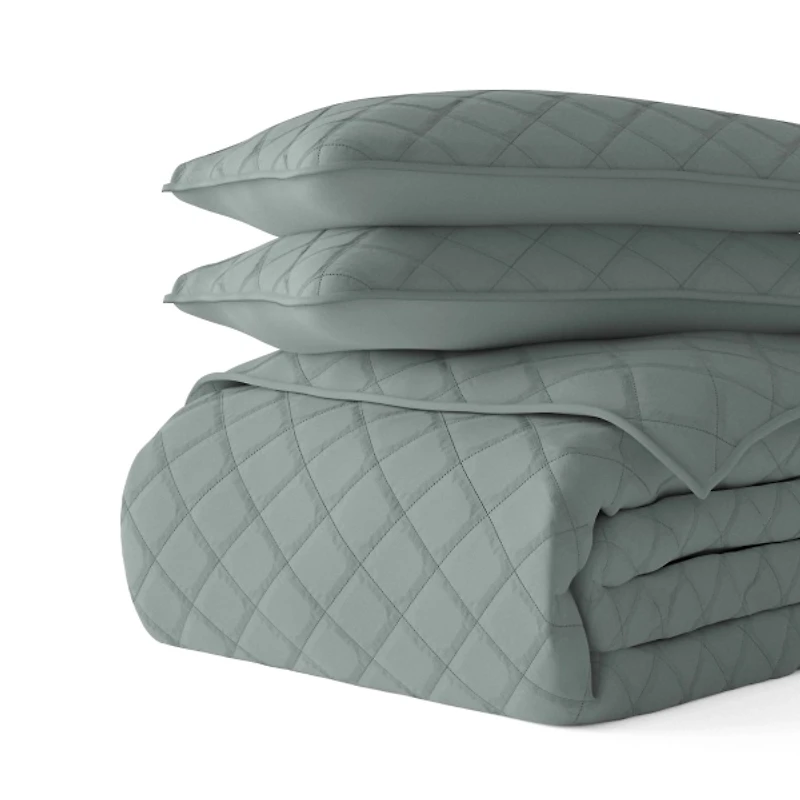 Green Stitched Diamond 3-pc. King Quilt Set
