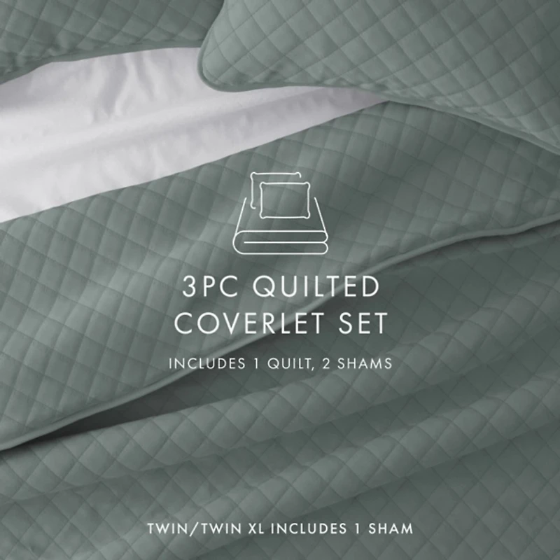 Green Stitched Diamond 3-pc. King Quilt Set