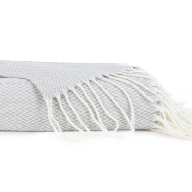 Light Gray Herringbone Throw with Fringe