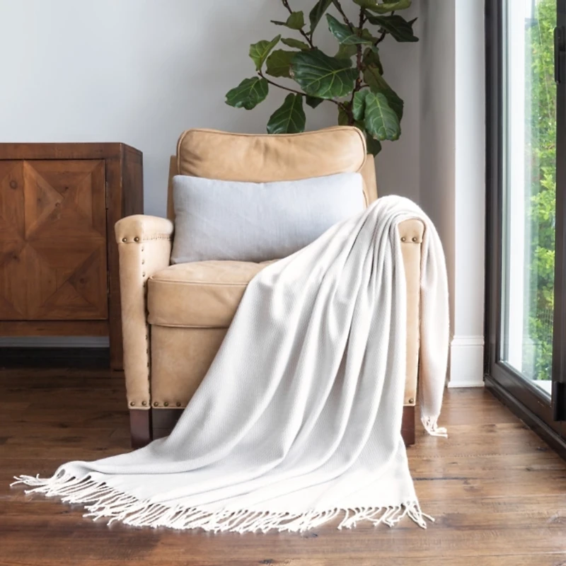Light Gray Herringbone Throw with Fringe