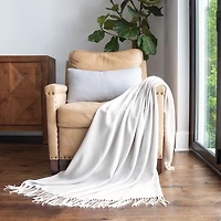 Light Gray Herringbone Throw with Fringe