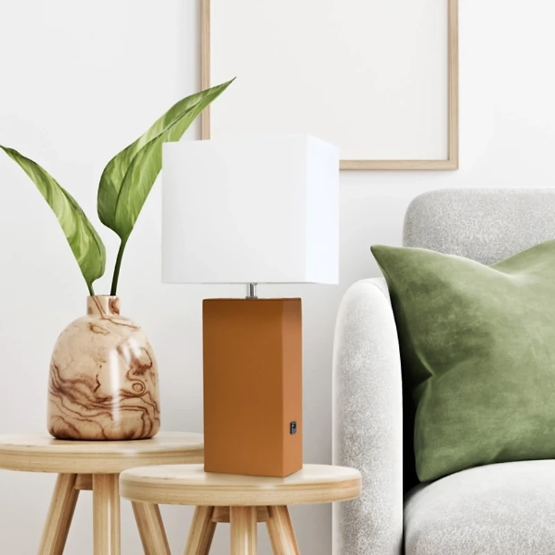Caramel Faux Leather Charging Table Lamp
