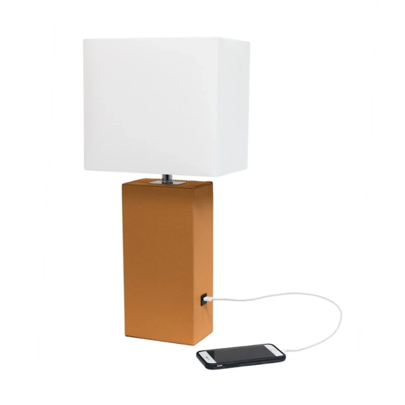 Caramel Faux Leather Charging Table Lamp
