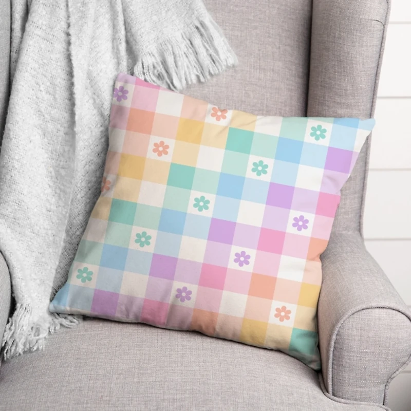 Pastel Checkered Floral Outdoor Pillow