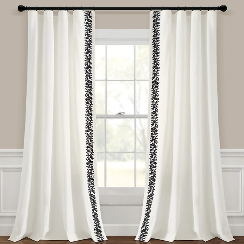 White and Black Embroidered Curtain Panel, 84 in.