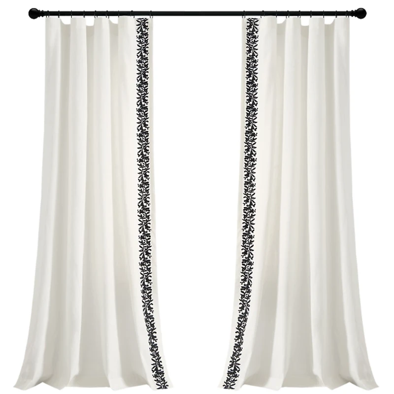 White and Black Embroidered Curtain Panel, 84 in.