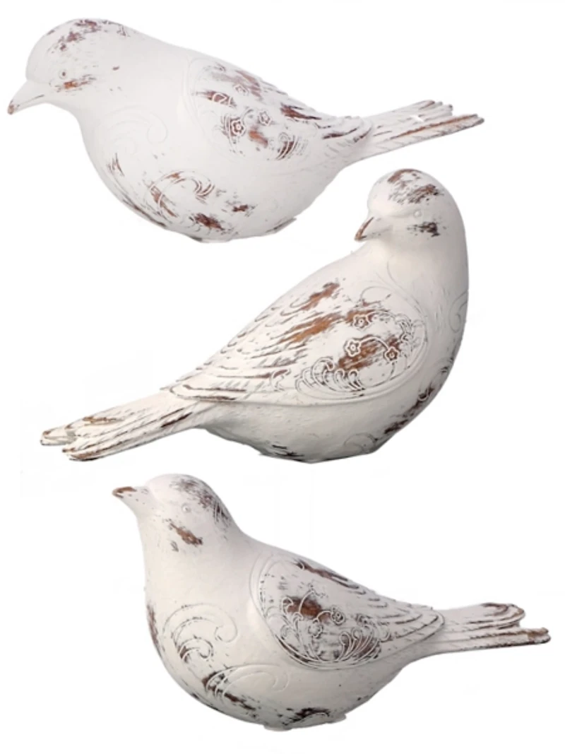 Distressed White Carved Bird Statues, Set of 3