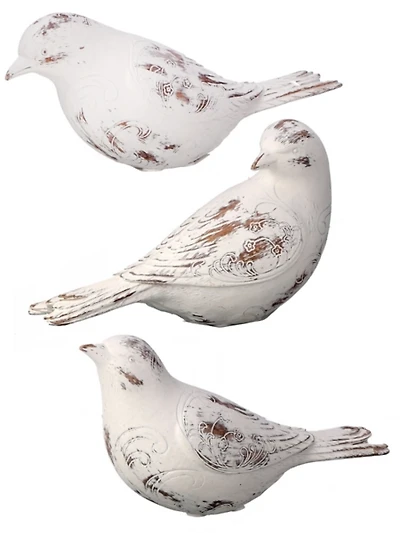 Distressed White Carved Bird Statues, Set of 3