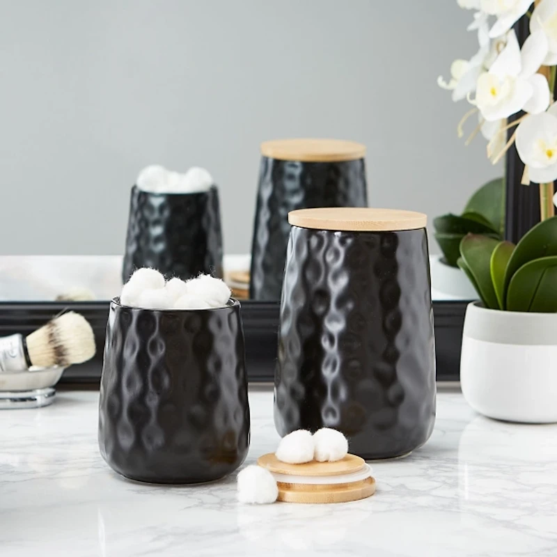 Black Dimpled Bamboo Canisters, Set of 2