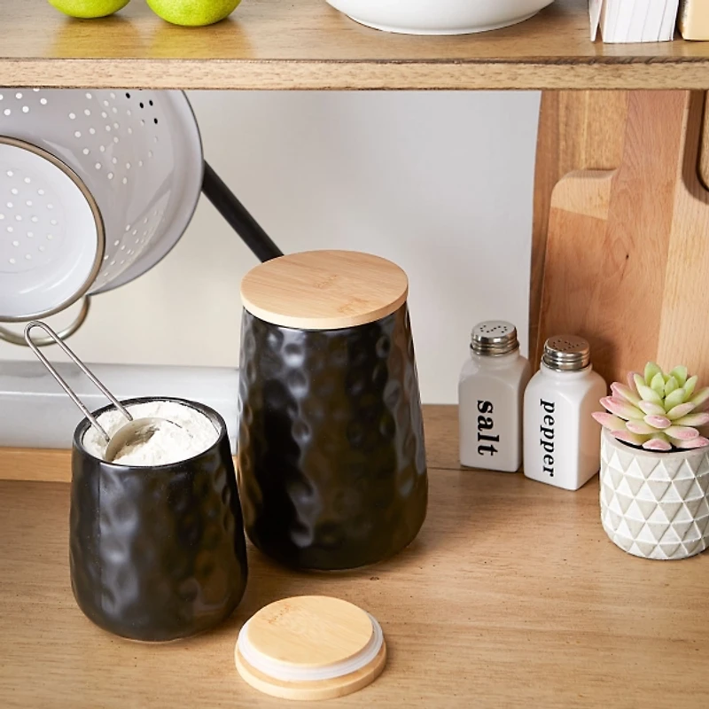 Black Dimpled Bamboo Canisters, Set of 2