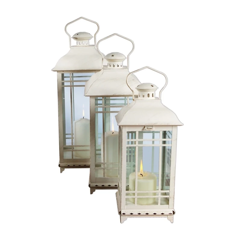 Traditional Ivory Metal Lanterns, Set of 3
