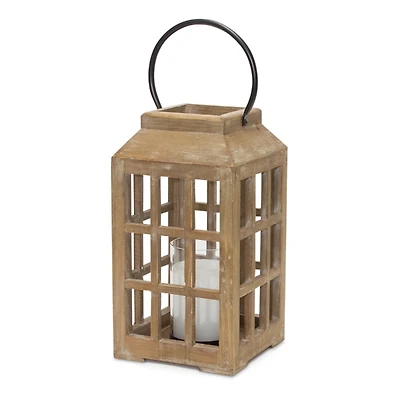 Natural Wood Windowpane Lantern, 17 in.